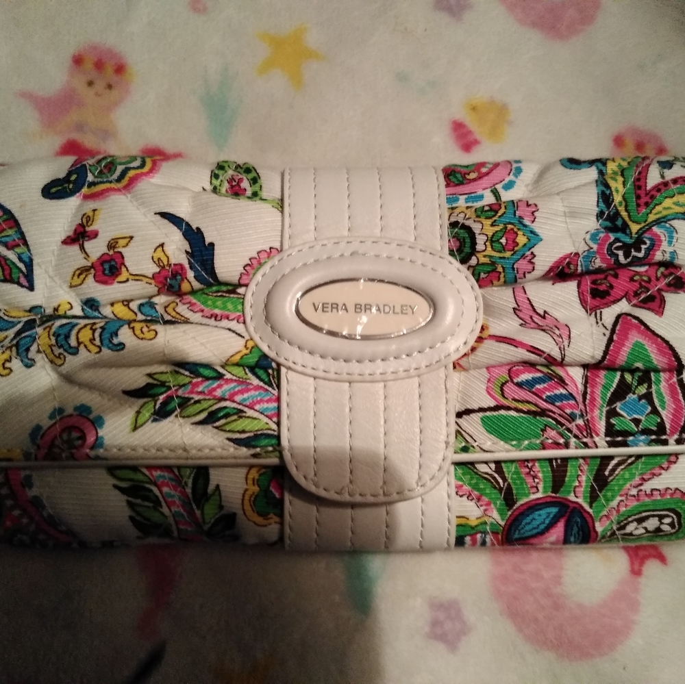 Vera Bradley White Floral Paisley Clutch with Pink Green Blue Accents